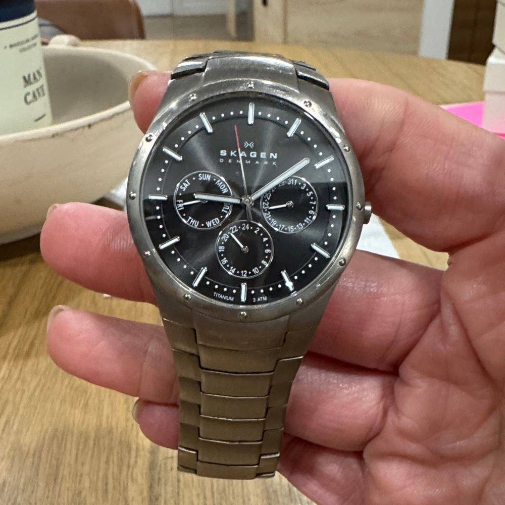 Skagen Silver Chronograph Watch with Black Face